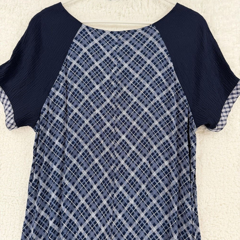 Vintage Lisa Maru Dress Womens Medium Blue Plaid Rayon Floral Patch‎ Hawaii 90s - Picture 6 of 9